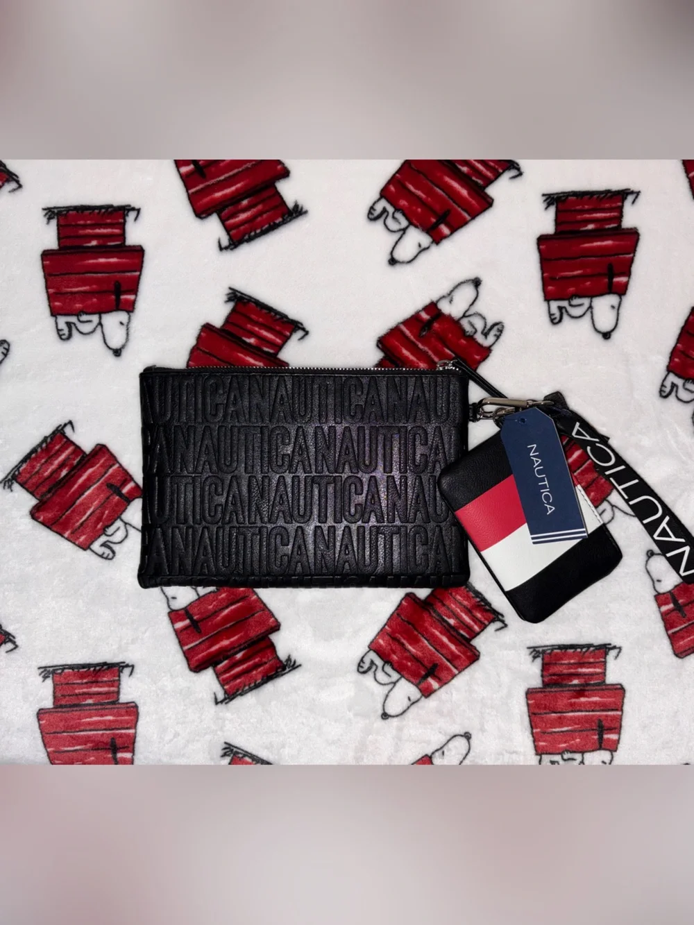 Nautica Black Embossed Leather Card & Key Pouch with Red, White & Blue Tag